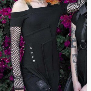 Killstar Hole Heartedly Black Bardot Fishnet Sleeve Top XL